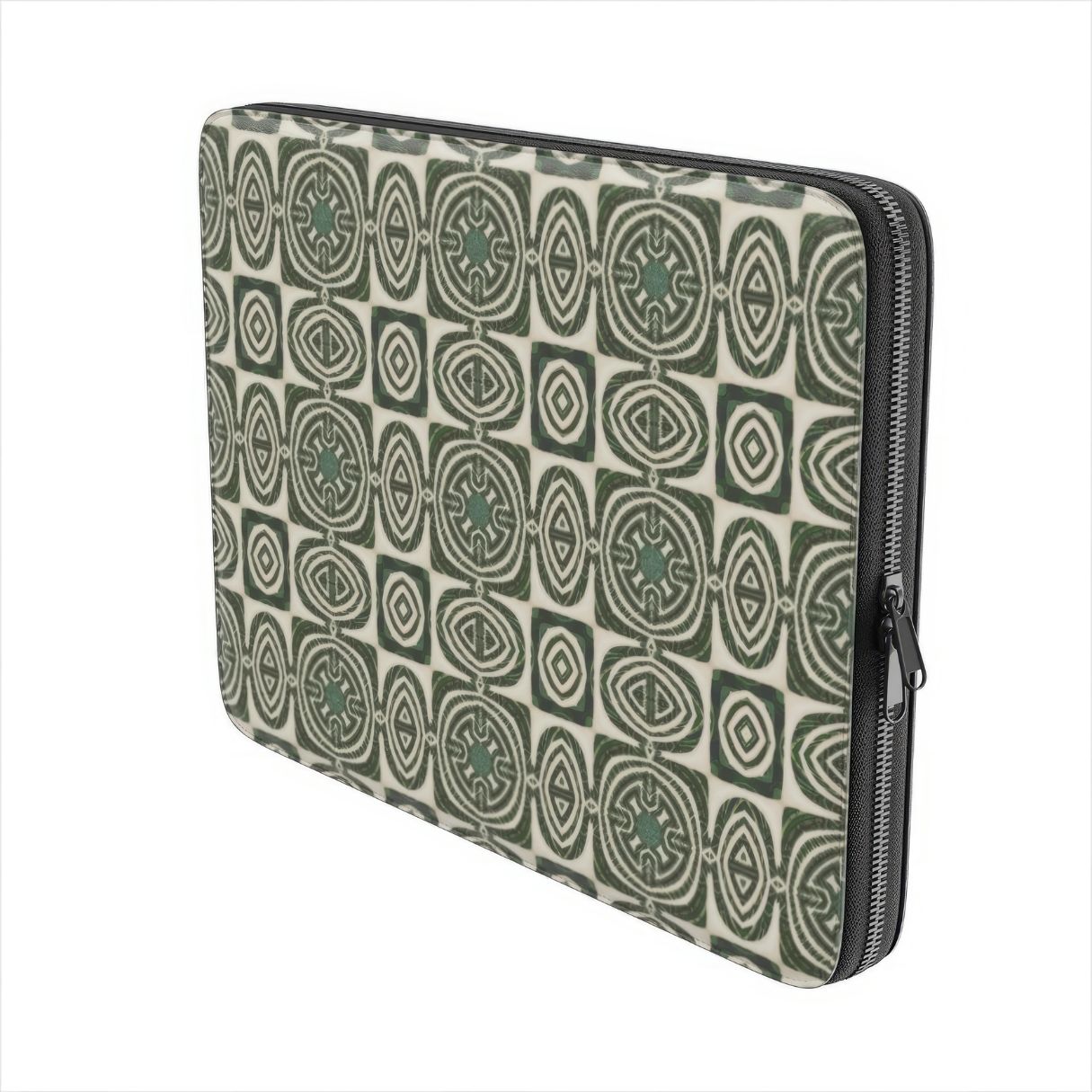 Laptop Sleeve with Wooden Snake 2 pattern, ornamental pattern; kaleidoscope pattern imagination. Green color. Side view.