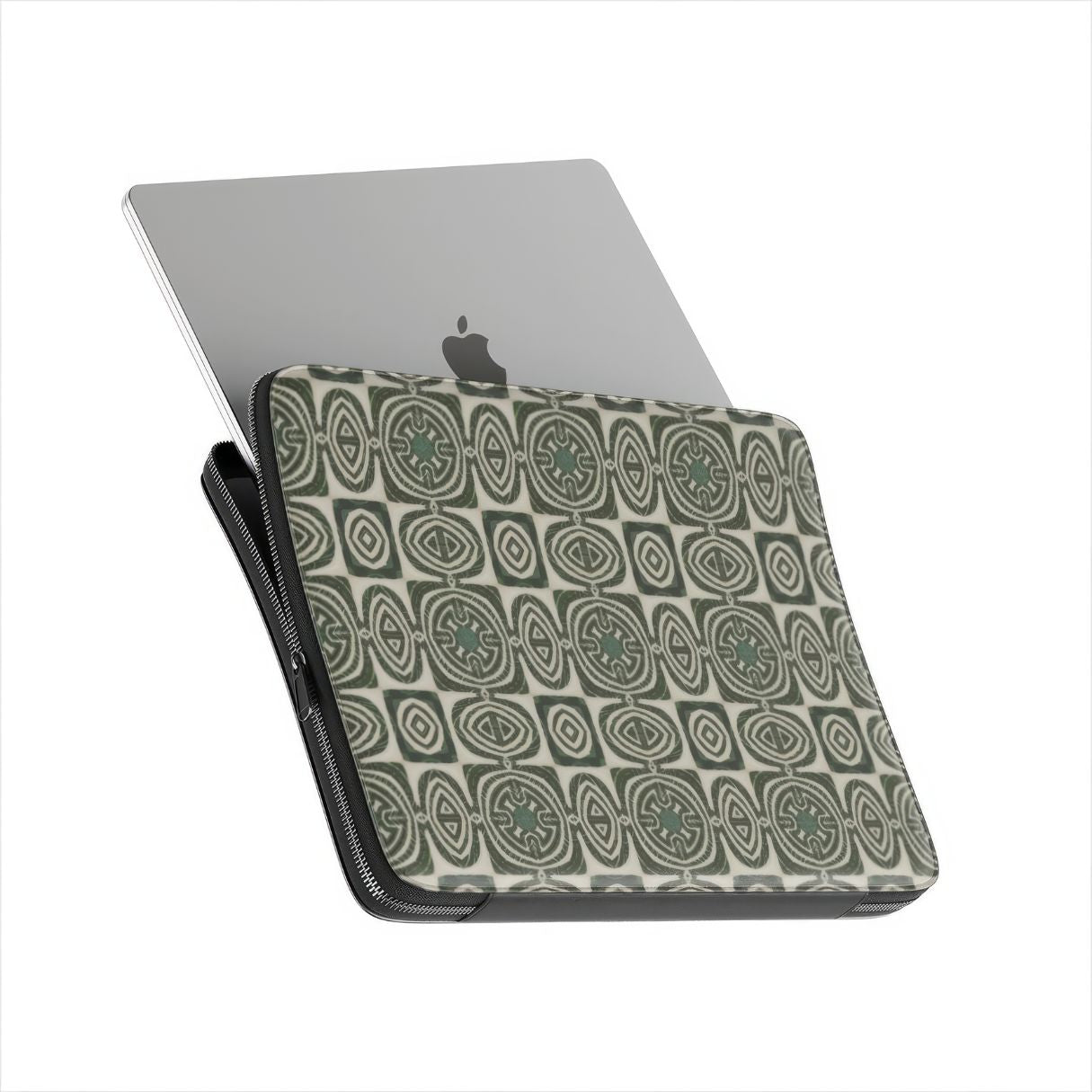 Laptop Sleeve with Wooden Snake 2 pattern, ornamental pattern; kaleidoscope pattern imagination. Green color. Side view with device.