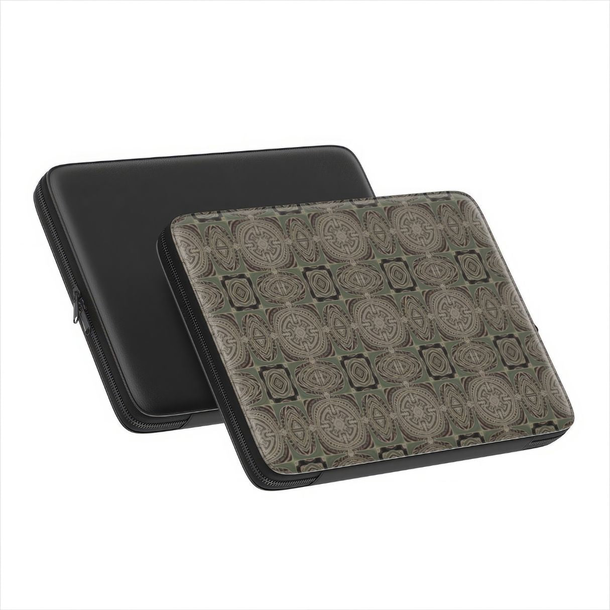 Laptop Sleeve with Wooden Snake 3 pattern, ornamental pattern; kaleidoscope pattern imagination. Green color. Bold expressive aesthetic design. Colorful and interior fit. Front and back view.