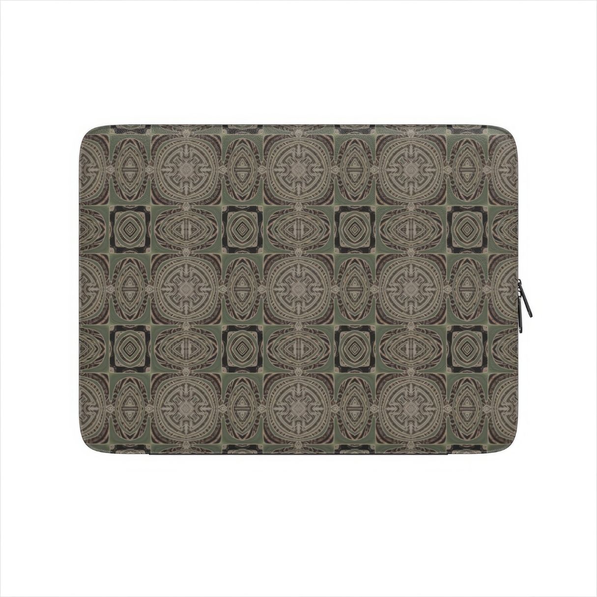 Laptop Sleeve with Wooden Snake 3 pattern, ornamental pattern; kaleidoscope pattern imagination. Green color. Bold expressive aesthetic design. Colorful and interior fit. Front view.