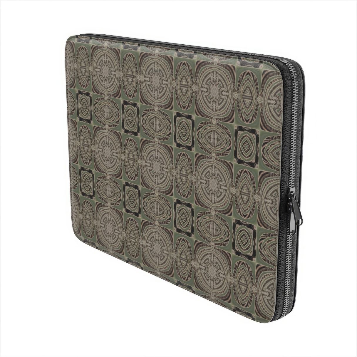 Laptop Sleeve with Wooden Snake 3 pattern, ornamental pattern; kaleidoscope pattern imagination. Green color. Bold expressive aesthetic design. Colorful and interior fit. Side view.
