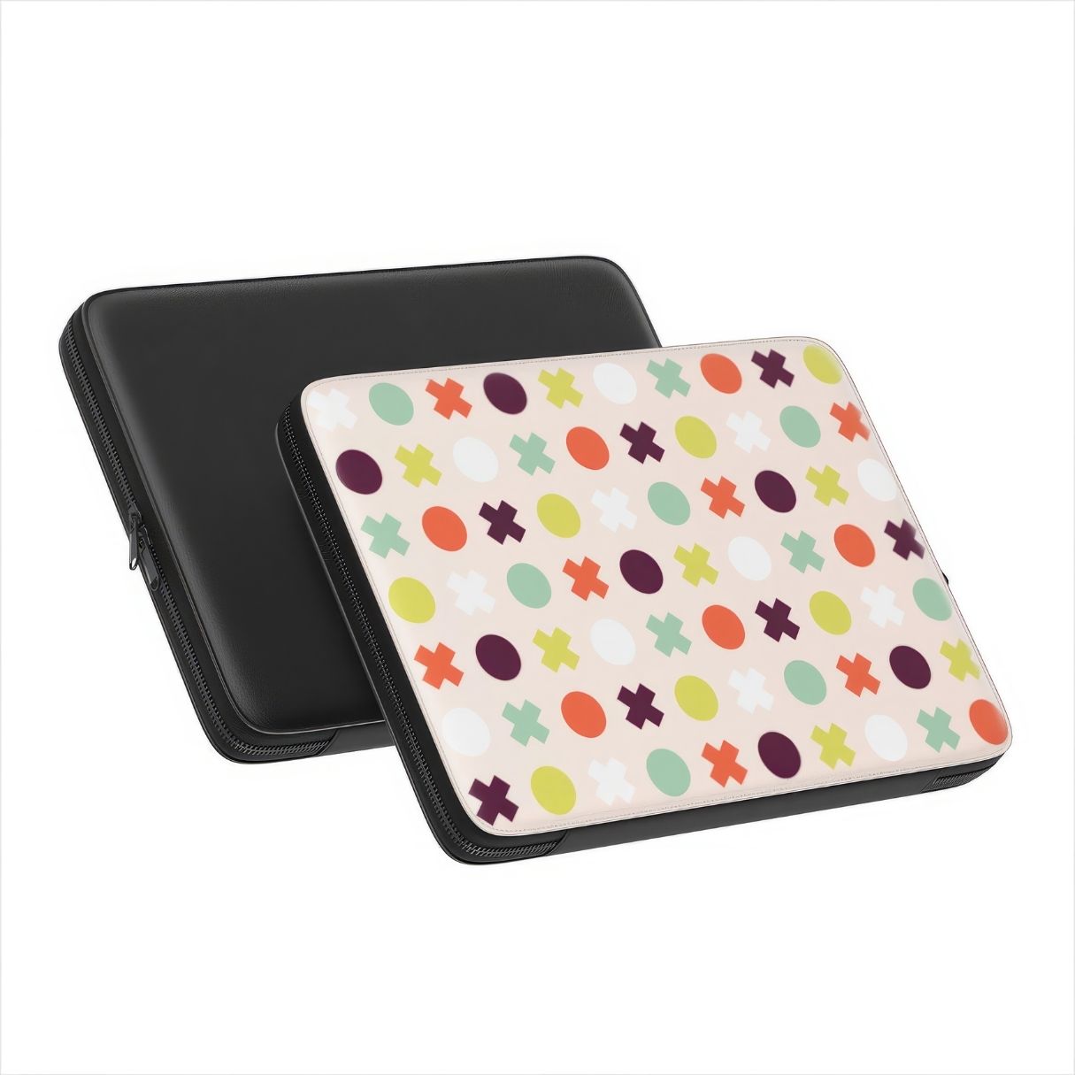 Laptop Sleeve with XOXO pattern design with a circles and cross modern style, featuring an elegant and expressive aesthetic design. Main colors are orange red, purple, yellow and mint. Front and back view.