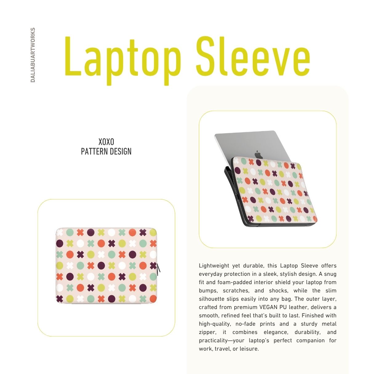 Laptop Sleeve with XOXO pattern design with a circles and cross modern style, featuring an elegant and expressive aesthetic design. Main colors are orange red, purple, yellow and mint. Description.