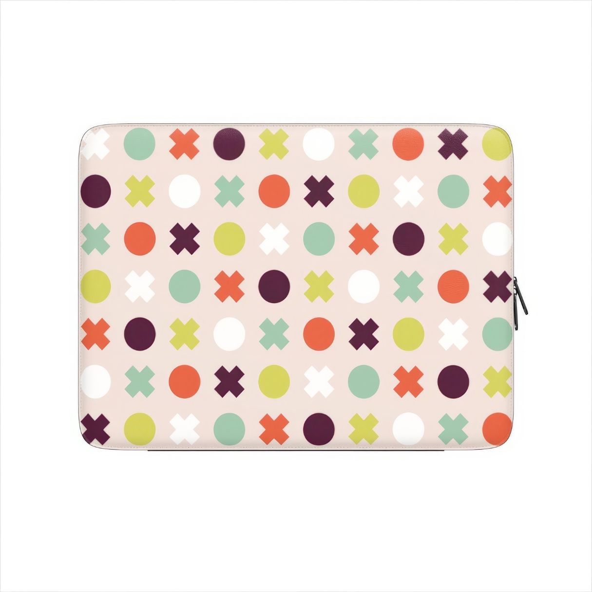 Laptop Sleeve with XOXO pattern design with a circles and cross modern style, featuring an elegant and expressive aesthetic design. Main colors are orange red, purple, yellow and mint. Front view.