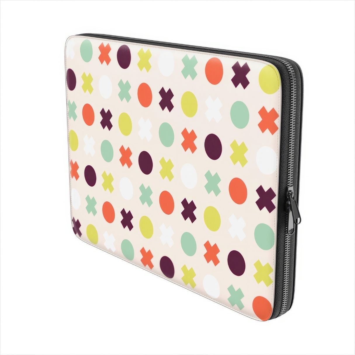 Laptop Sleeve with XOXO pattern design with a circles and cross modern style, featuring an elegant and expressive aesthetic design. Main colors are orange red, purple, yellow and mint. Side view.
