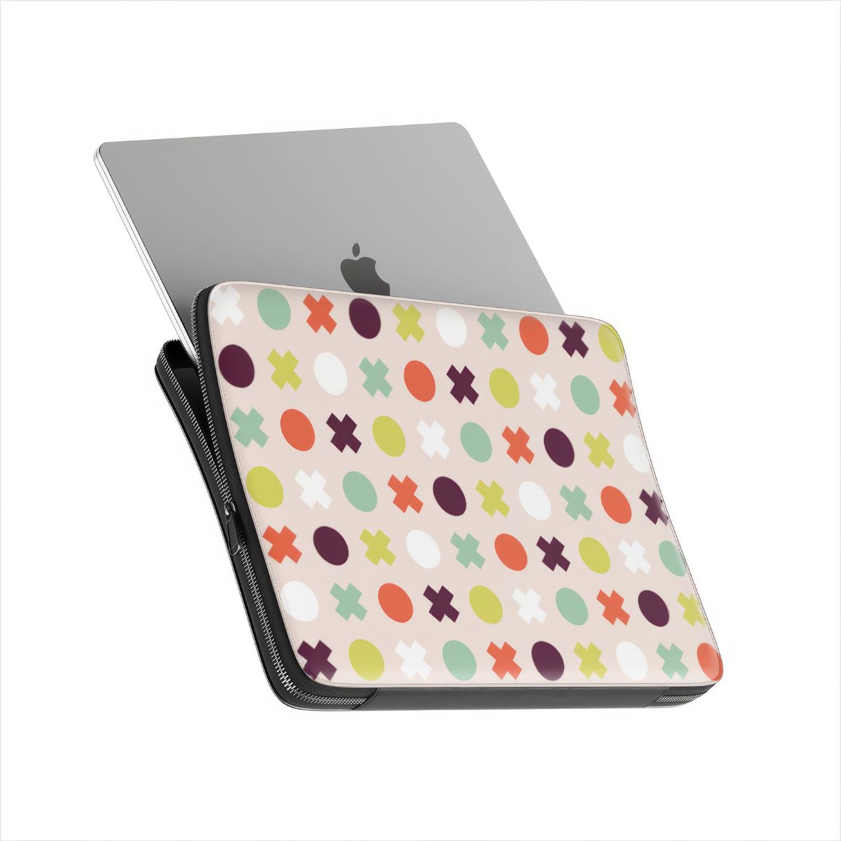 Laptop Sleeve with XOXO pattern design with a circles and cross modern style, featuring an elegant and expressive aesthetic design. Main colors are orange red, purple, yellow and mint. Side view with device.