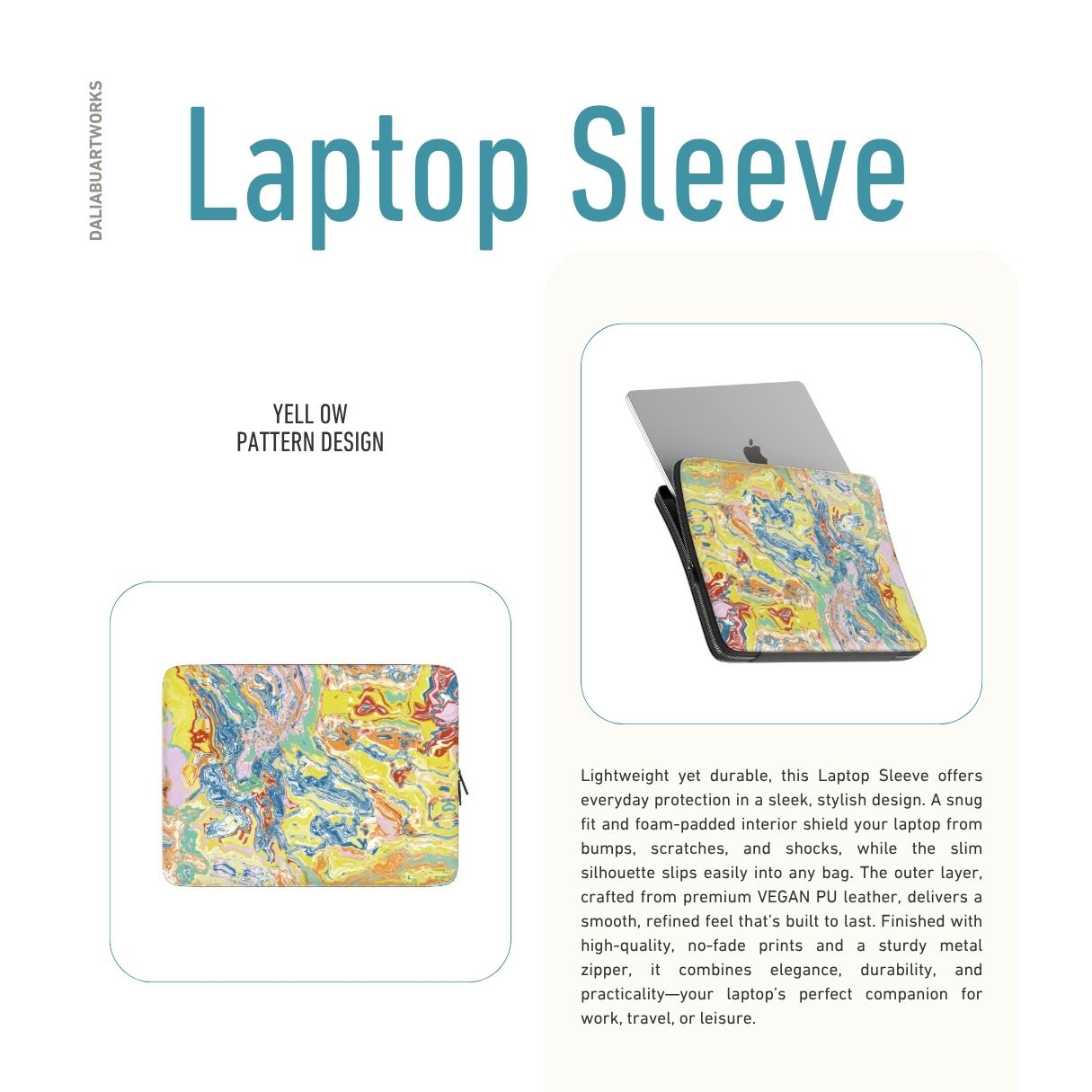 Laptop Sleeve with a bold vivid pattern Yell Ow abstract and artistic style, featuring an elegant and expressive aesthetic design. Main colors are yellow and blue. Description.
