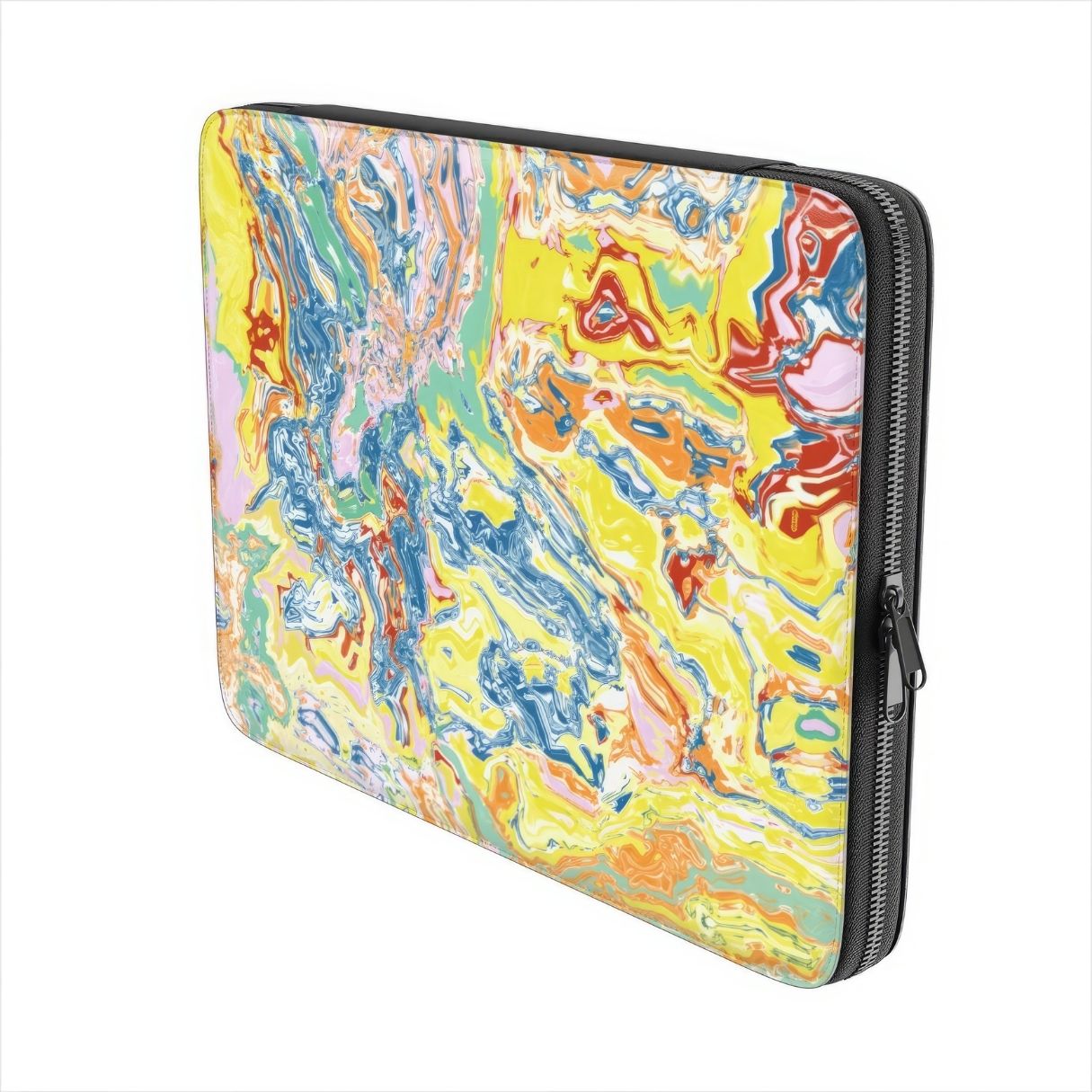 Laptop Sleeve with a bold vivid pattern Yell Ow abstract and artistic style, featuring an elegant and expressive aesthetic design. Main colors are yellow and blue. Side view.