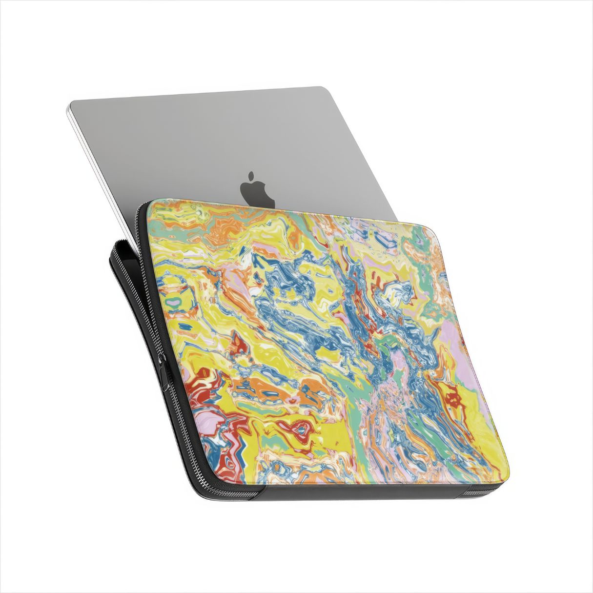 Laptop Sleeve with a bold vivid pattern Yell Ow abstract and artistic style, featuring an elegant and expressive aesthetic design. Main colors are yellow and blue. Side view with device.