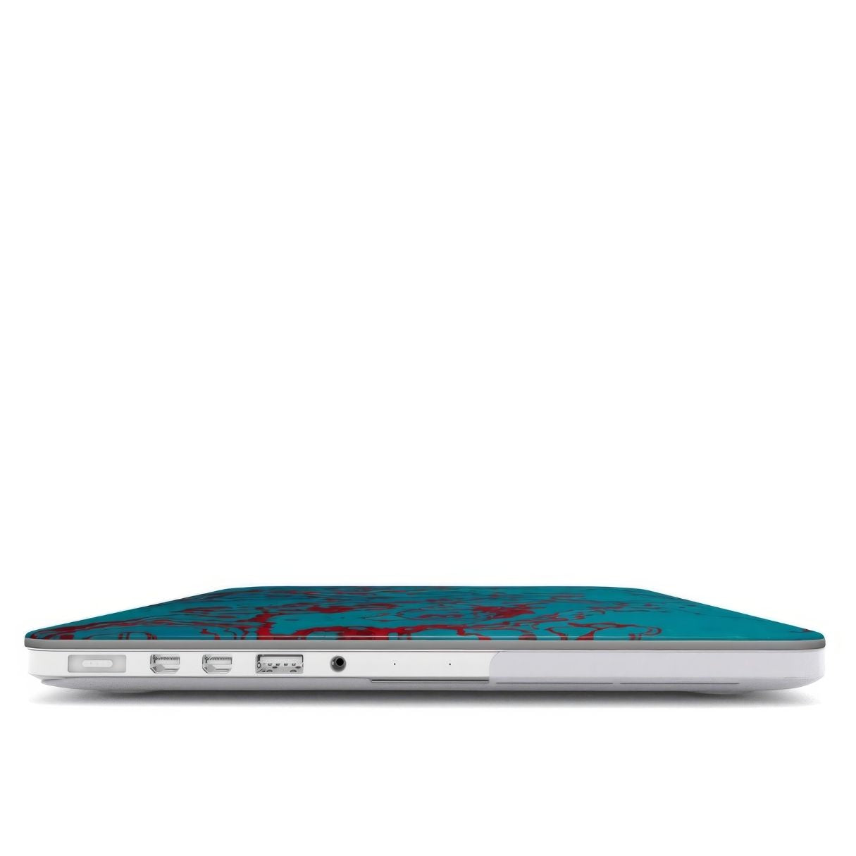 MacBook case with vivid color pattern Arteries abstract and artistic style, featuring an elegant and expressive aesthetic design. Main colors are red, turquoise blue. Closed view.