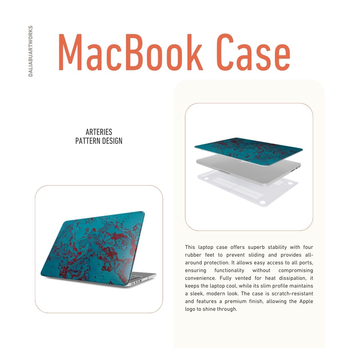 MacBook case with vivid color pattern Arteries abstract and artistic style, featuring an elegant and expressive aesthetic design. Main colors are red, turquoise blue. Description.