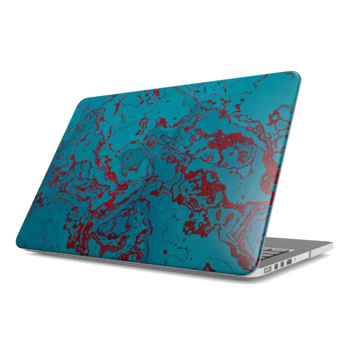 MacBook case with vivid color pattern Arteries abstract and artistic style, featuring an elegant and expressive aesthetic design. Main colors are red, turquoise blue. Side view.