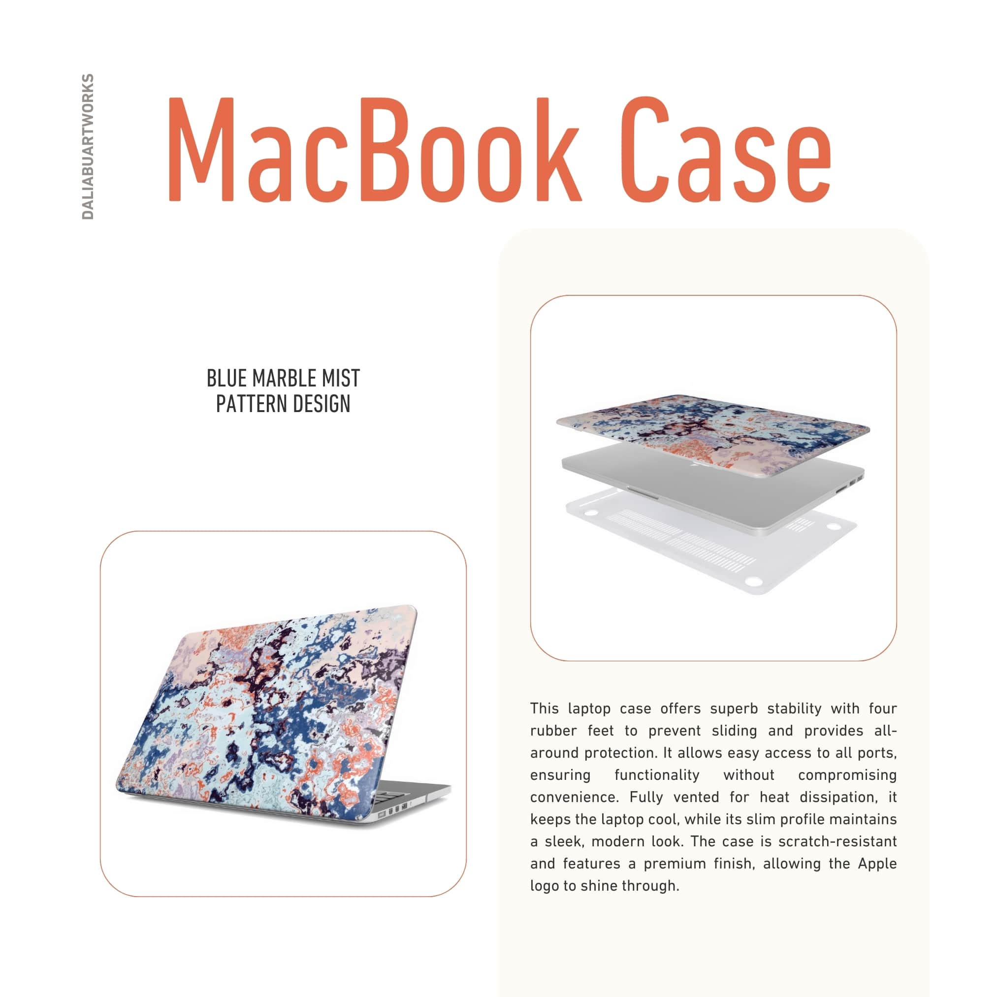 MacBook case front view; Blue Marble Mist pattern, artistic, abstract marble pattern. Blue and pink color combination. Description about the ventilation. 