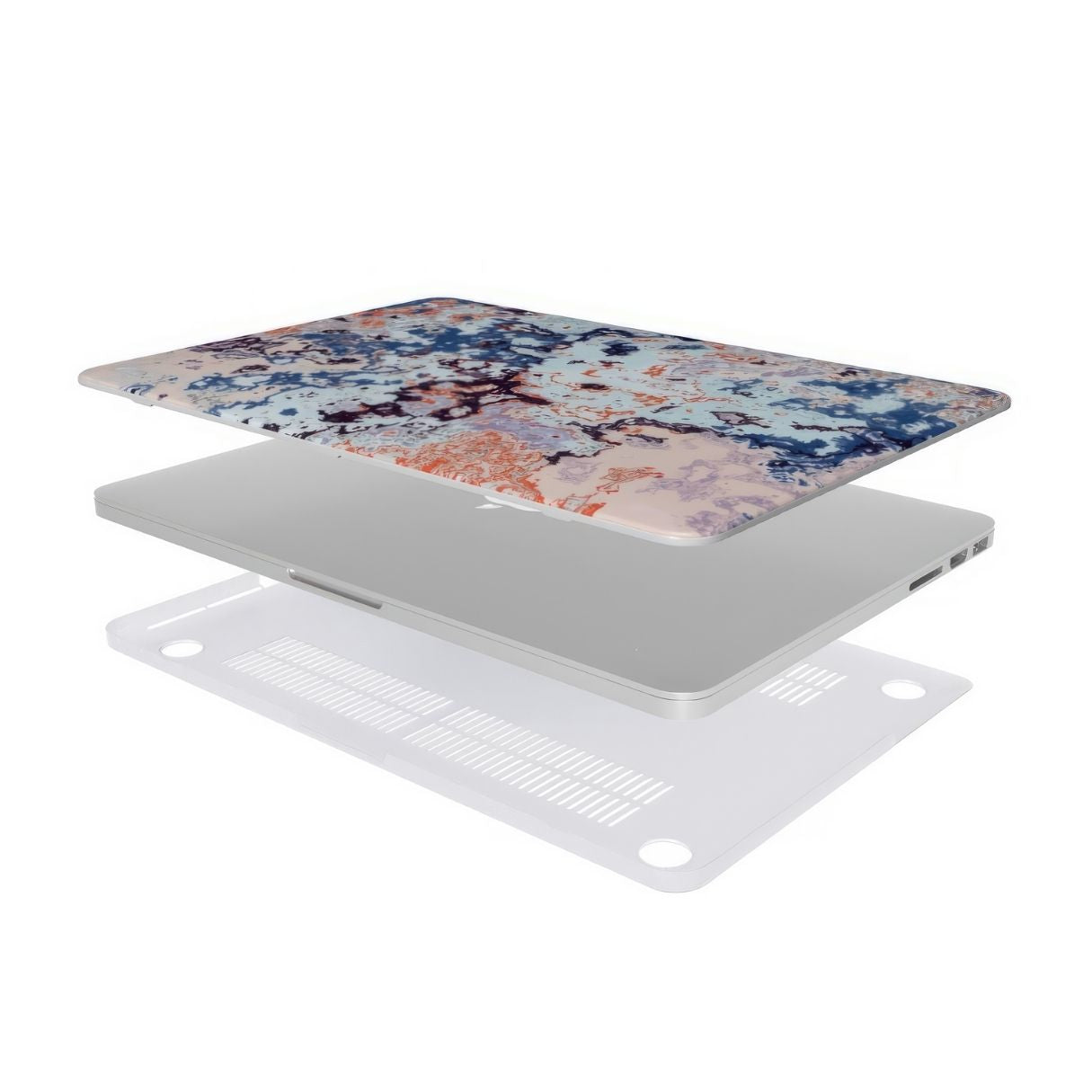 MacBook case extend view; Blue Marble Mist pattern, artistic, abstract marble pattern. Blue and pink color combination. Bold expressive aesthetic design. Colorful and interior fit.