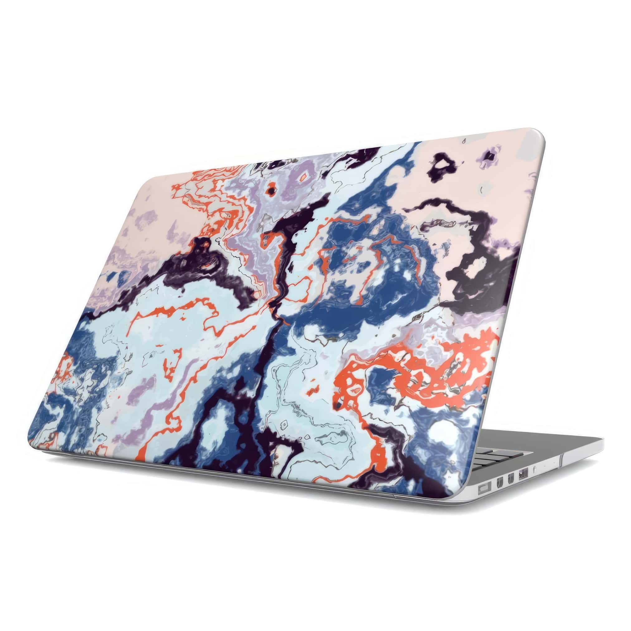 MacBook case side view; Blue Marble Veins pattern, artistic, abstract marble pattern. Blue and pink color combination. Bold expressive aesthetic design. Colorful and interior fit.
