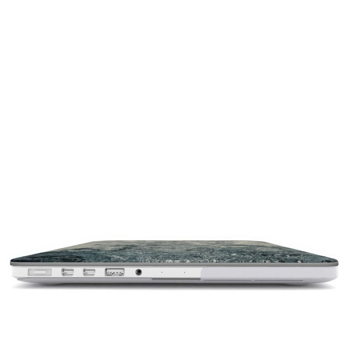 MacBook case with a bold vivid pattern Blue Night Dusts abstract and artistic style, featuring an elegant and expressive aesthetic design. Main colors are blue and beige. Closed view.