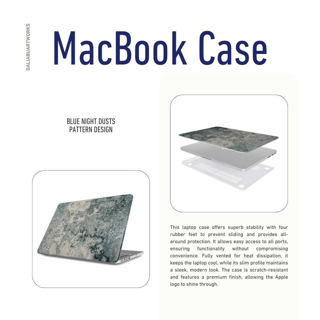 MacBook case with a bold vivid pattern Blue Night Dusts abstract and artistic style, featuring an elegant and expressive aesthetic design. Main colors are blue and beige. Description.