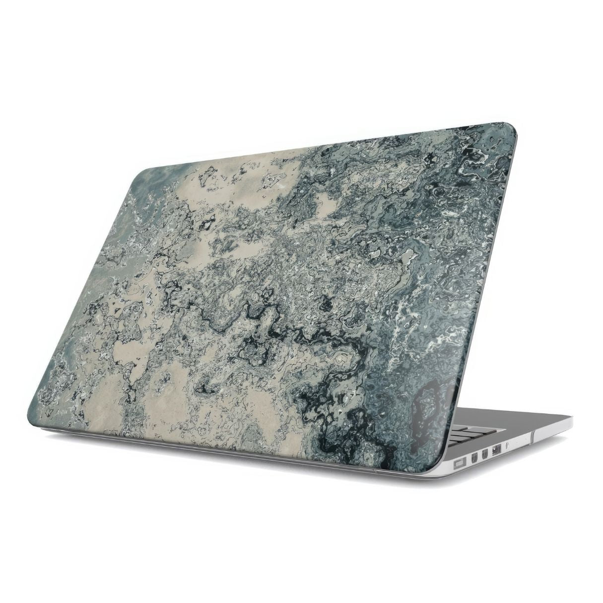 MacBook case with a bold vivid pattern Blue Night Dusts abstract and artistic style, featuring an elegant and expressive aesthetic design. Main colors are blue and beige. Front view.
