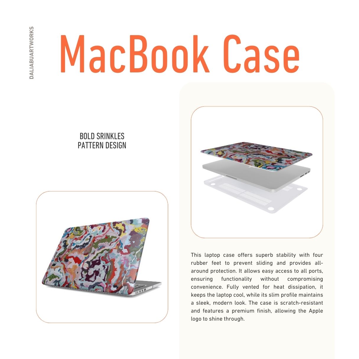 MacBook case front view; Bold Sprinkles pattern, artistic, abstract marble pattern. Mix color combination. Bold expressive aesthetic design. Colorful and interior fit.