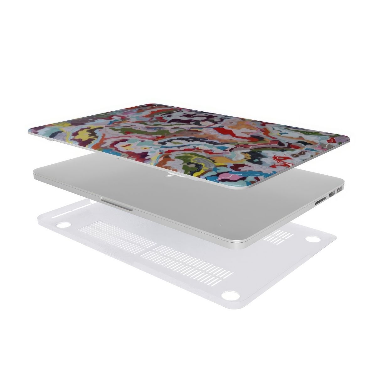 MacBook case extend view; Bold Sprinkles pattern, artistic, abstract marble pattern. Mix color combination. Bold expressive aesthetic design. Colorful and interior fit.