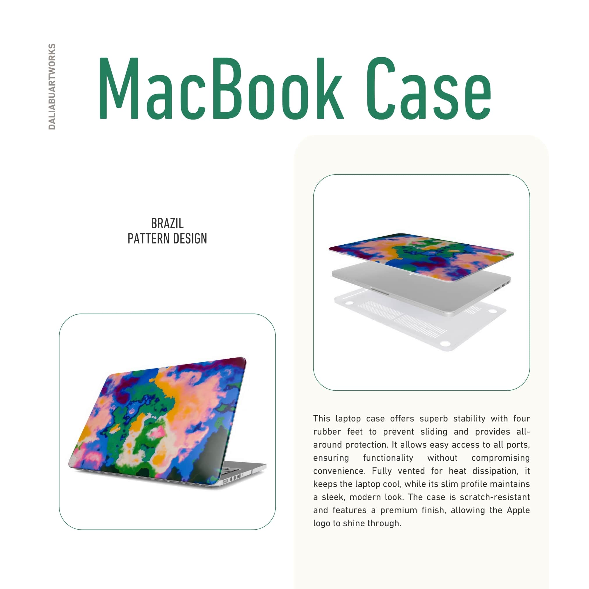 MacBook case side view; Brazil pattern, artistic, abstract marble pattern. Orange, green and blue color combination. Description about laptop case ventilation.