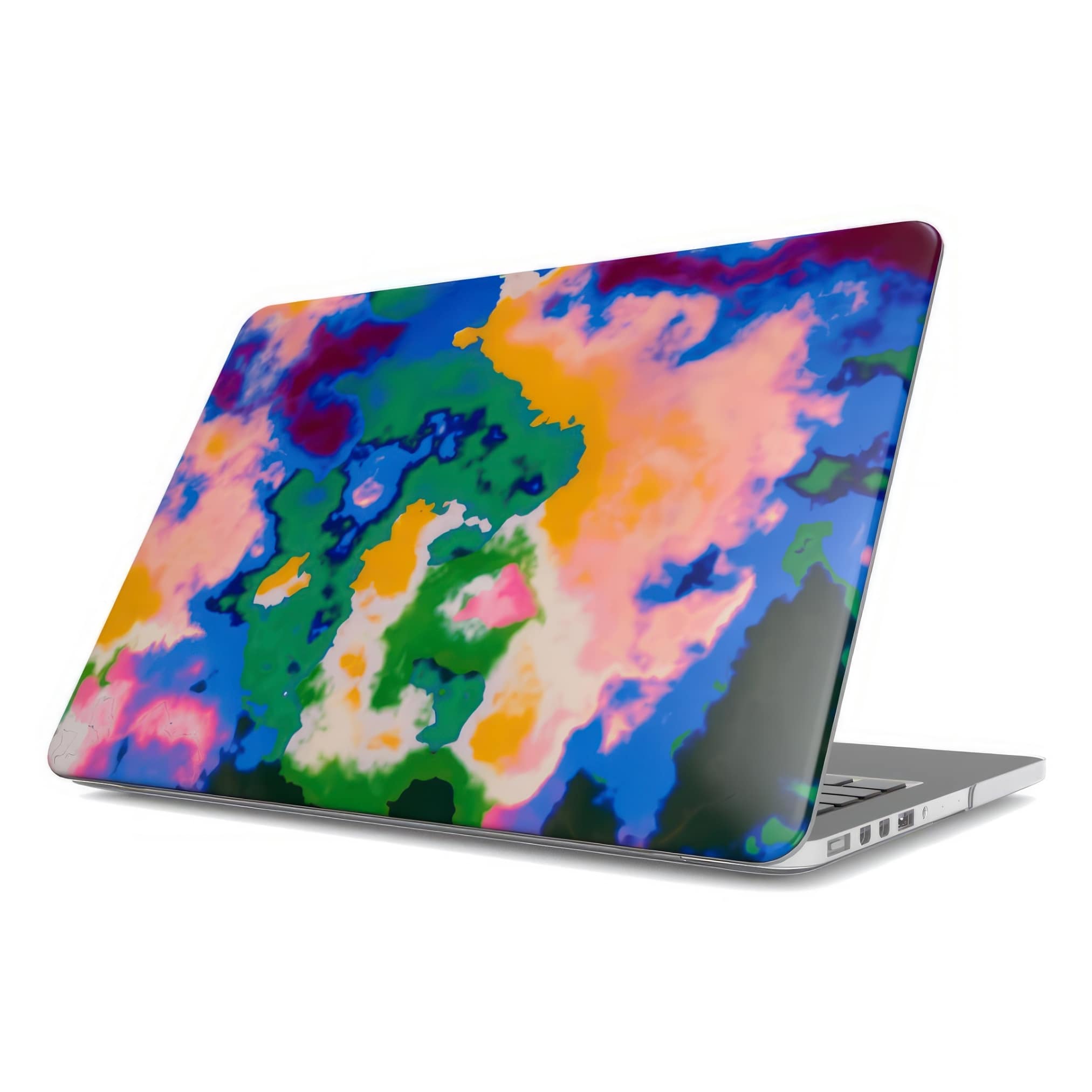 MacBook case side view; Brazil pattern, artistic, abstract marble pattern. Orange, green and blue color combination. Bold expressive aesthetic design. Colorful and interior fit.