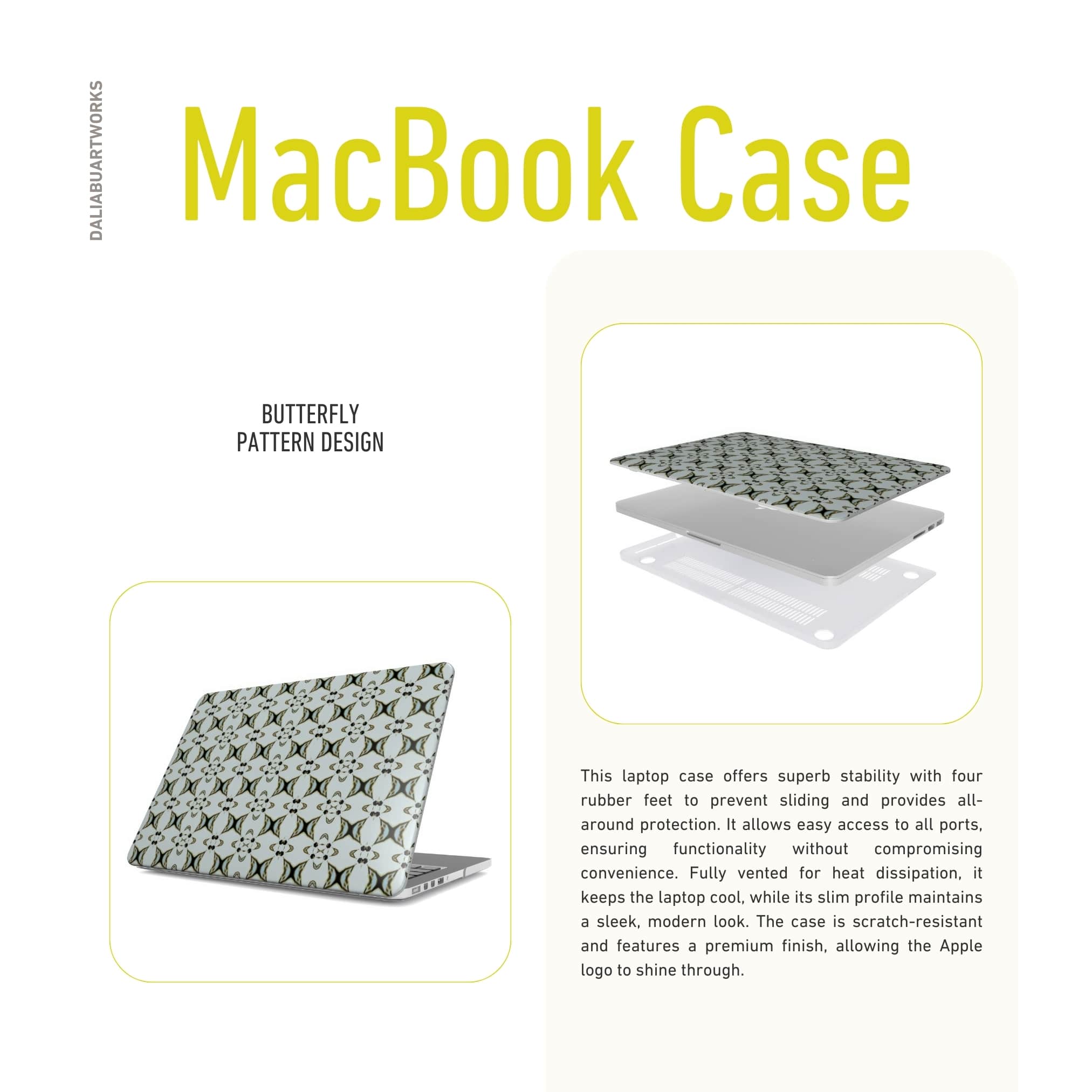 MacBook case ButterFly pattern design with a playful, bold expression of kaleidoscope form, featuring an elegant and expressive aesthetic design. Main color is light blue. Ventilation benefit details.