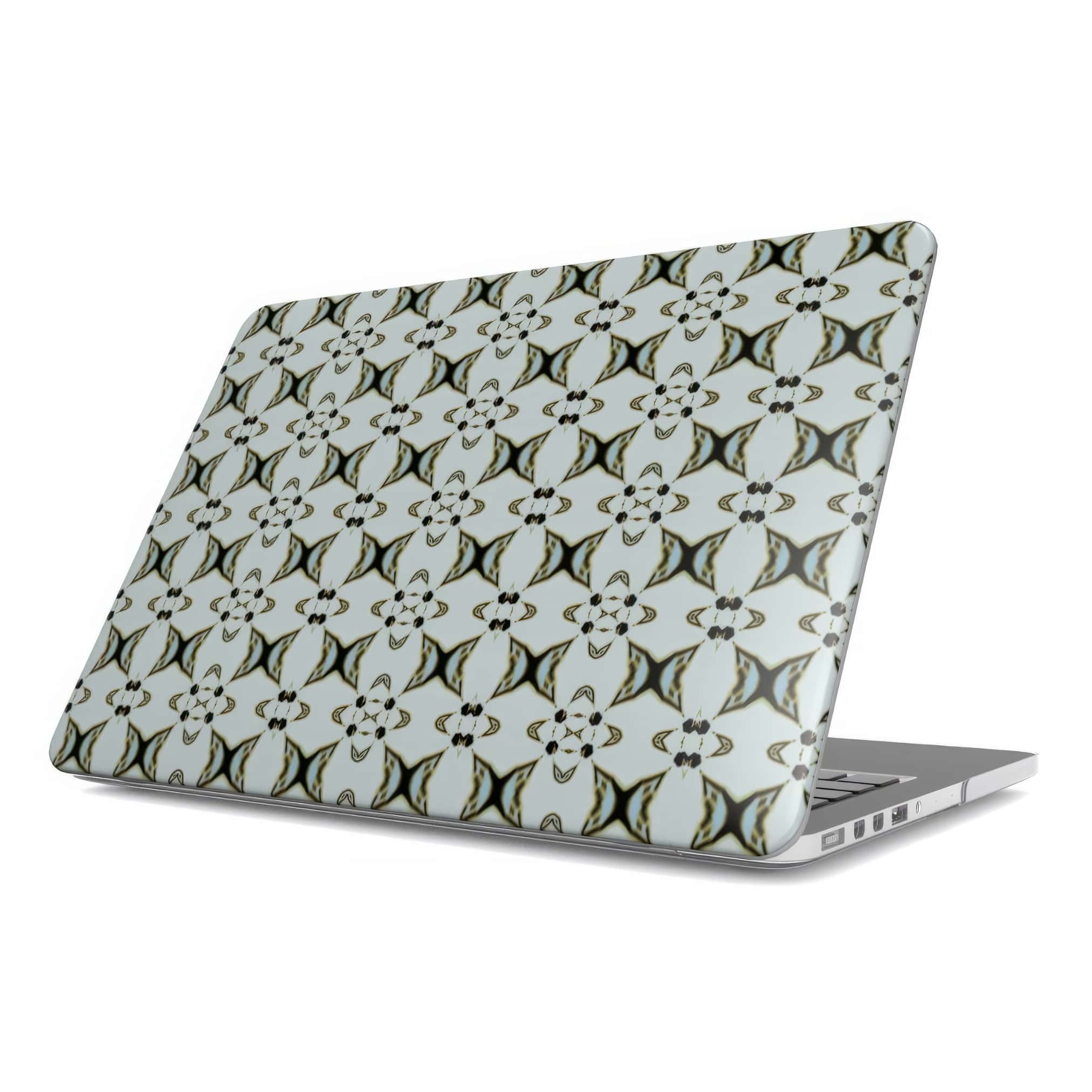 MacBook case ButterFly pattern design with a playful, bold expression of kaleidoscope form, featuring an elegant and expressive aesthetic design. Main color is light blue. Side view.
