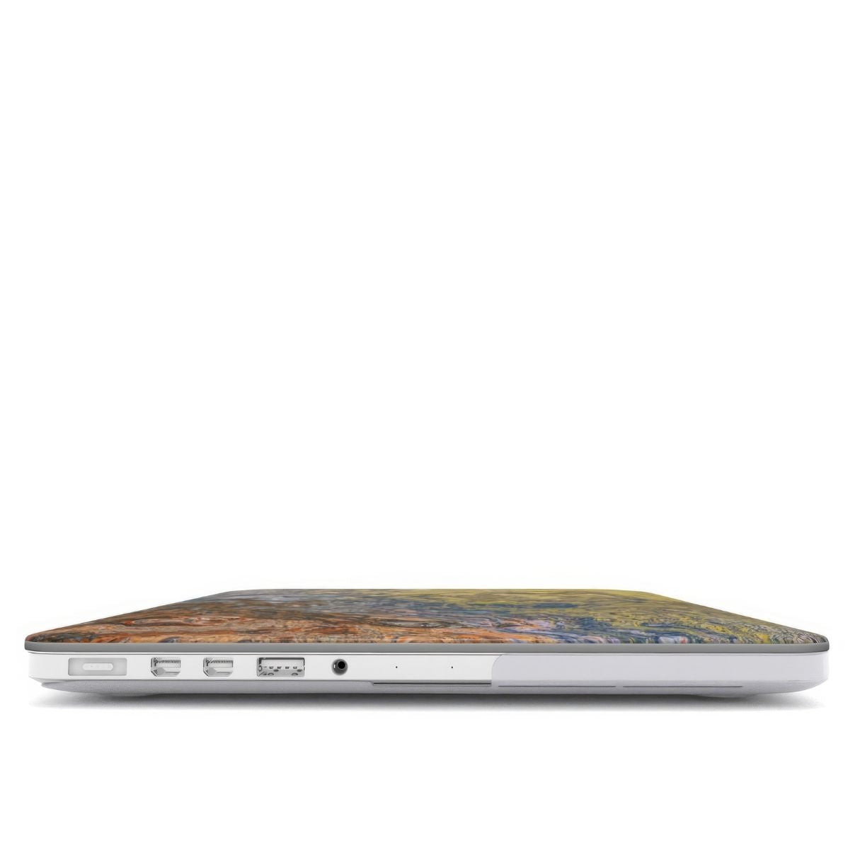 MacBook case with a calm color pattern Chill Time abstract and artistic style, featuring an elegant and aesthetic design. Main colors are muted yellow, grey and orange, brown. Closed view.