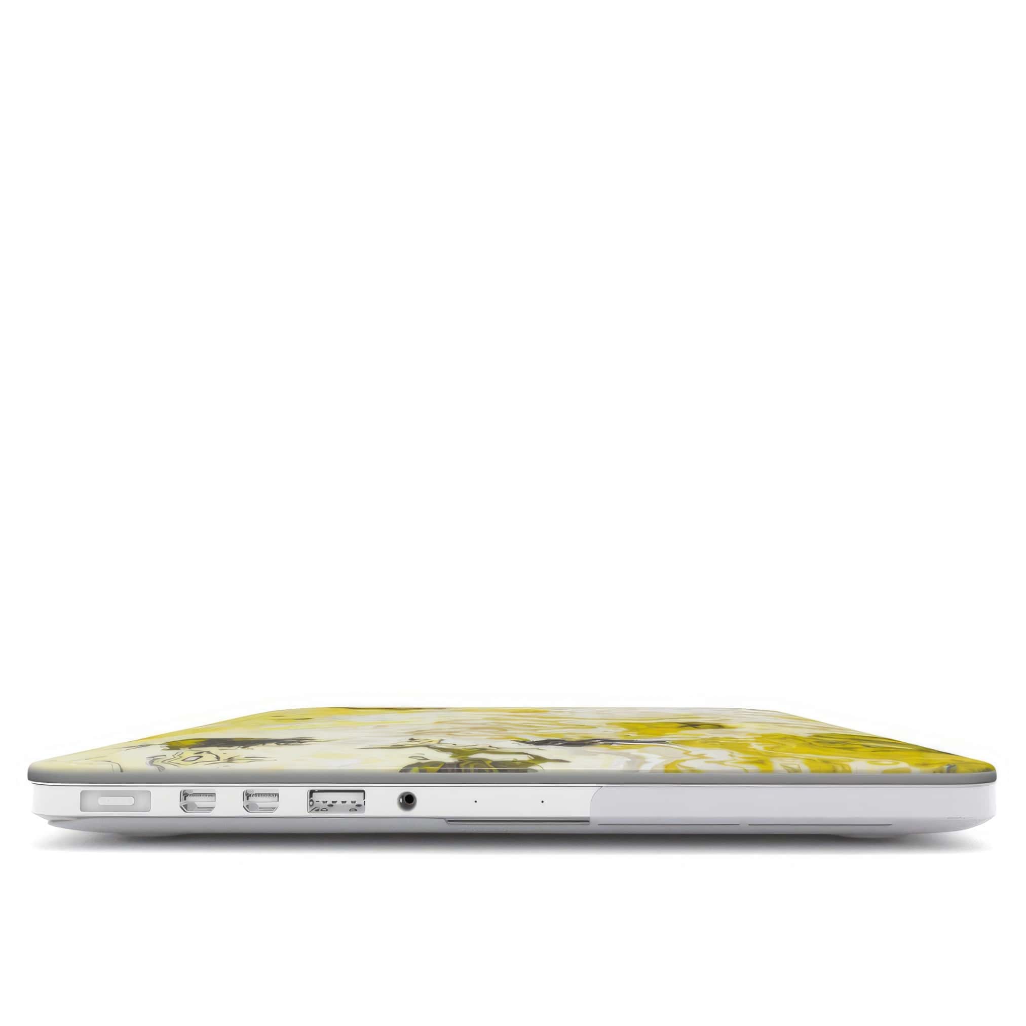MacBook case closed view; Citron pattern, artistic, abstract marble pattern. Yellow and white color combination.