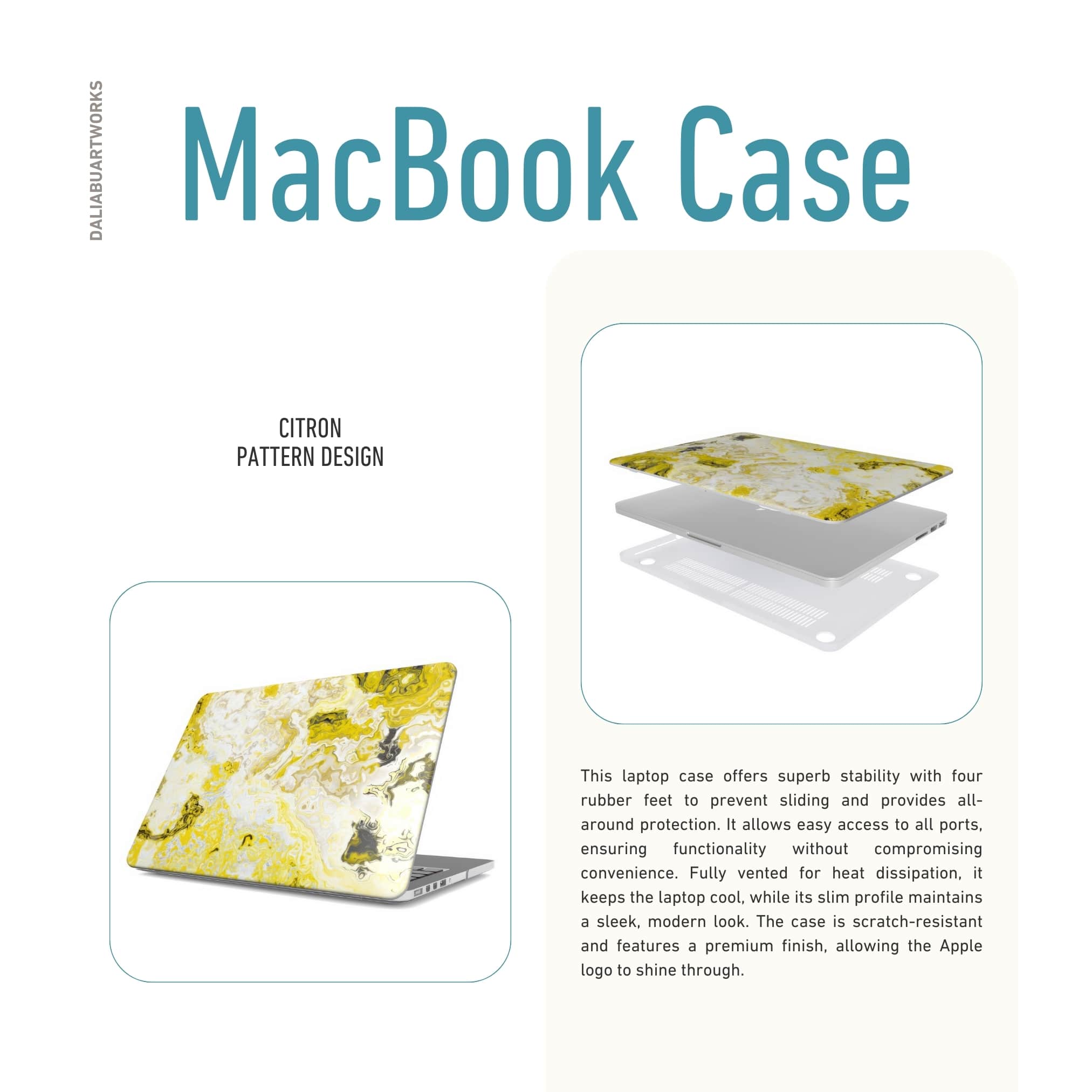 MacBook case side view; Citron pattern, artistic, abstract marble pattern. Yellow and white color combination. Description about laptop case ventilation features.