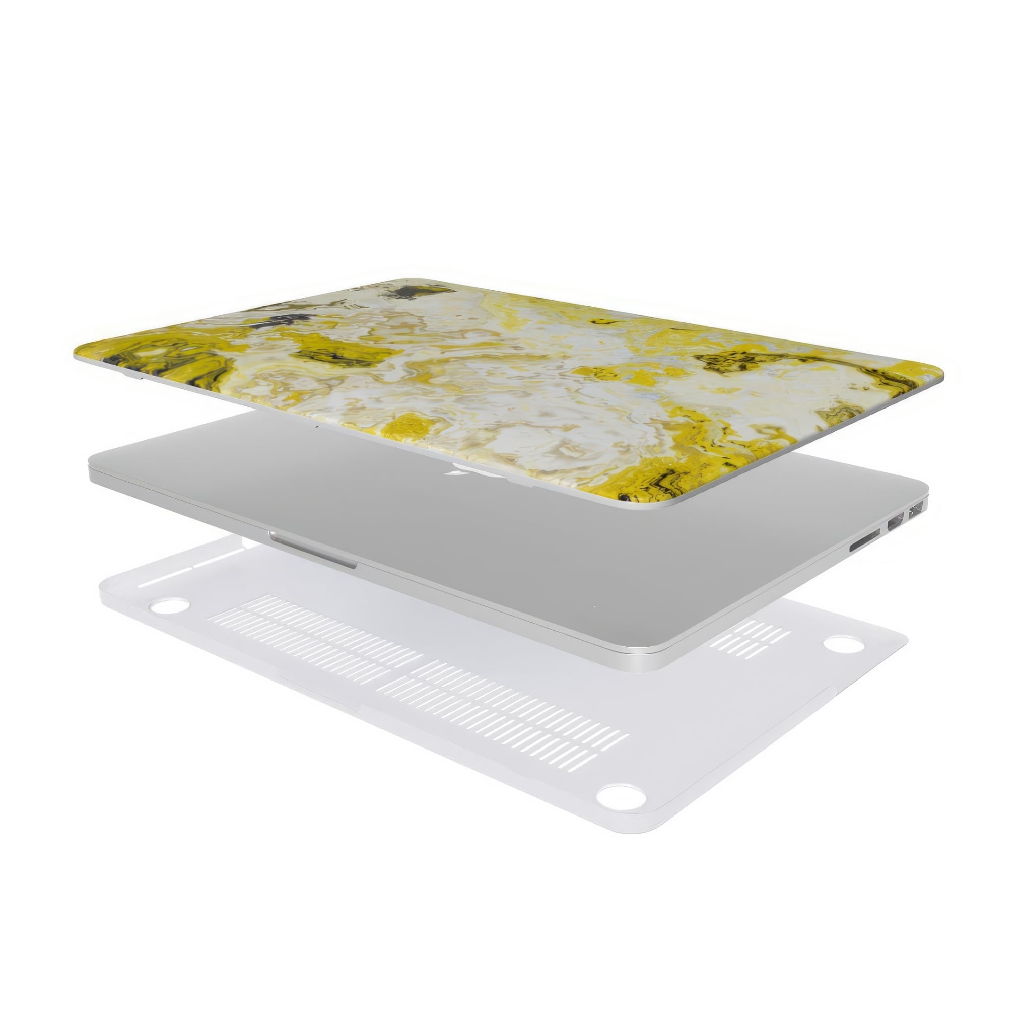 MacBook case extend view; Citron pattern, artistic, abstract marble pattern. Yellow and white color combination.