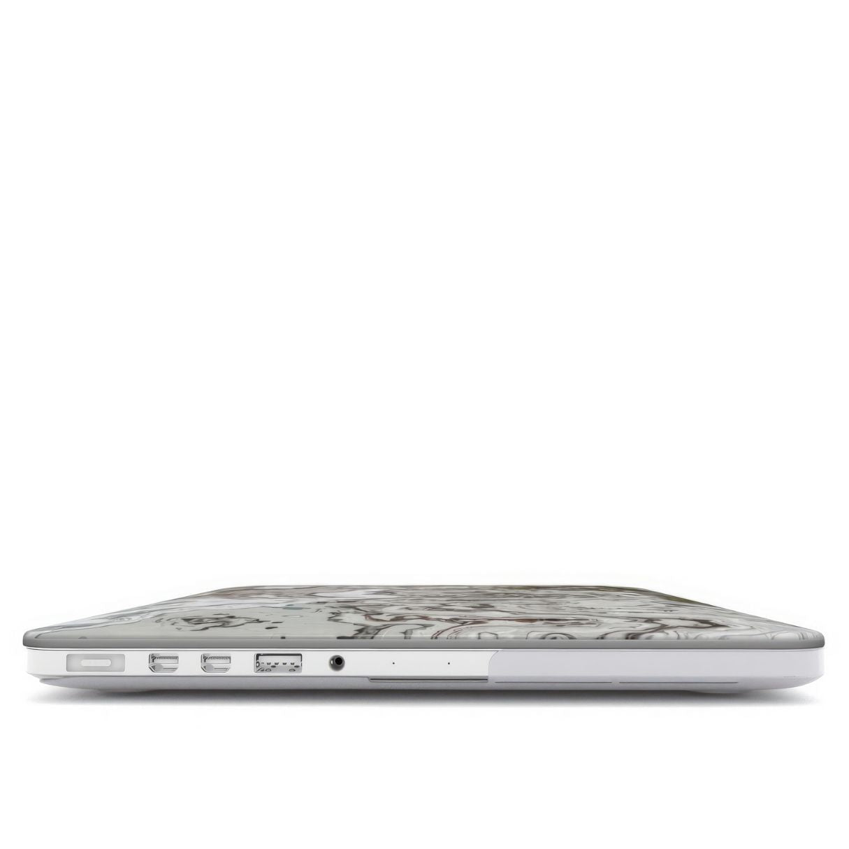 MacBook case closed view; Classic White Marble pattern, artistic, abstract marble pattern. White and grey color combination. Bold expressive aesthetic design. Colorful and interior fit.