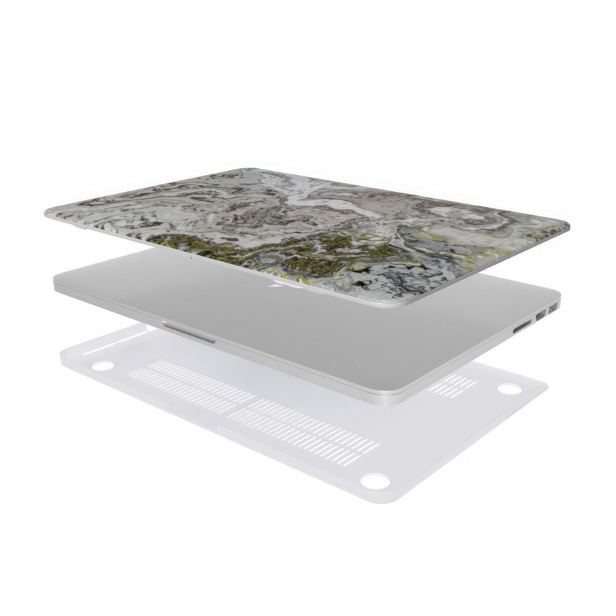MacBook case extend view; Classic White Marble pattern, artistic, abstract marble pattern. White and grey color combination. Bold expressive aesthetic design. Colorful and interior fit.