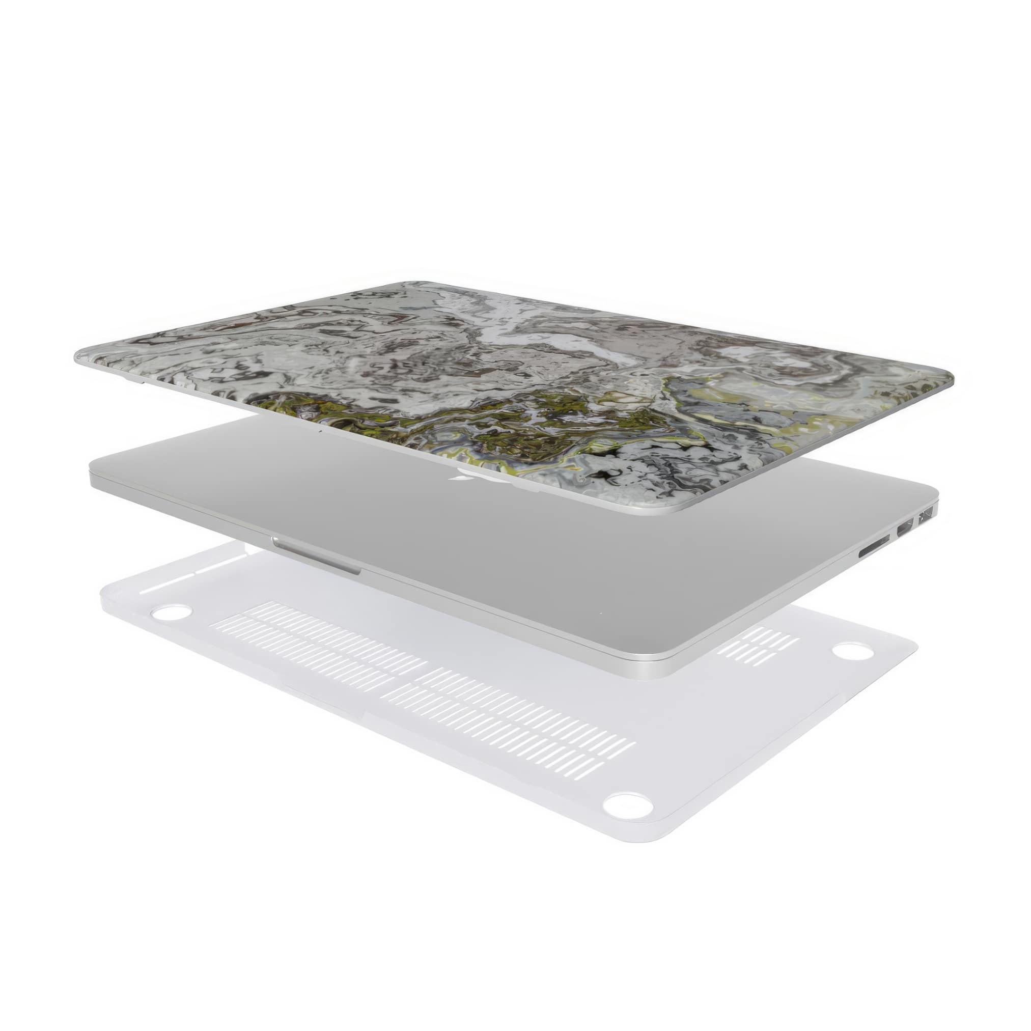 MacBook case extend view; Classic White Marble pattern, artistic, abstract marble pattern. White and grey color combination.