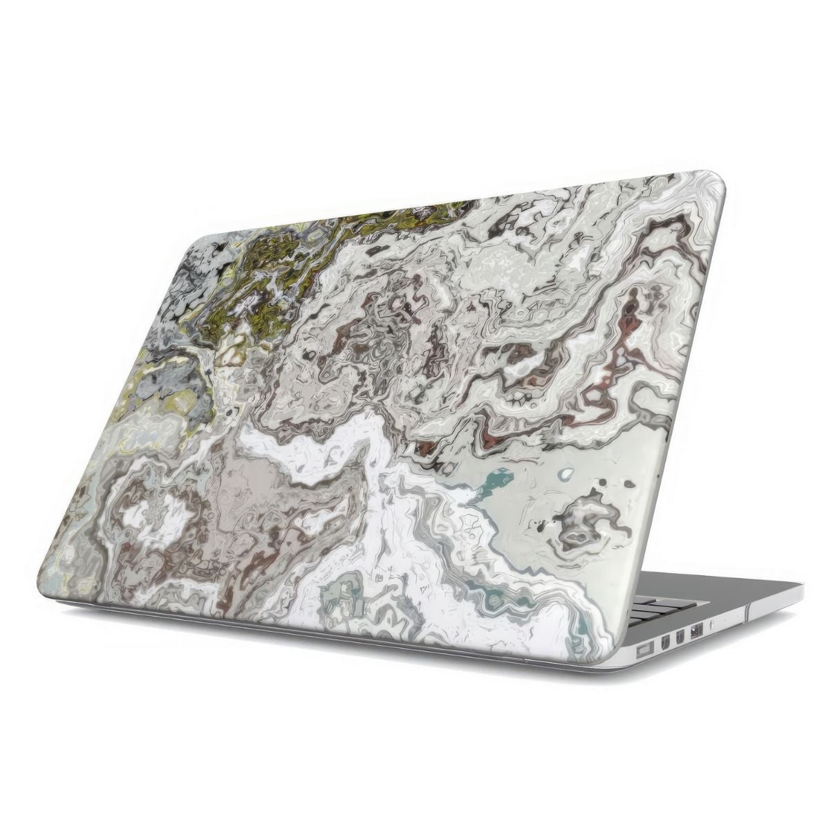 MacBook case side view; Classic White Marble pattern, artistic, abstract marble pattern. White and grey color combination. Bold expressive aesthetic design. Colorful and interior fit.
