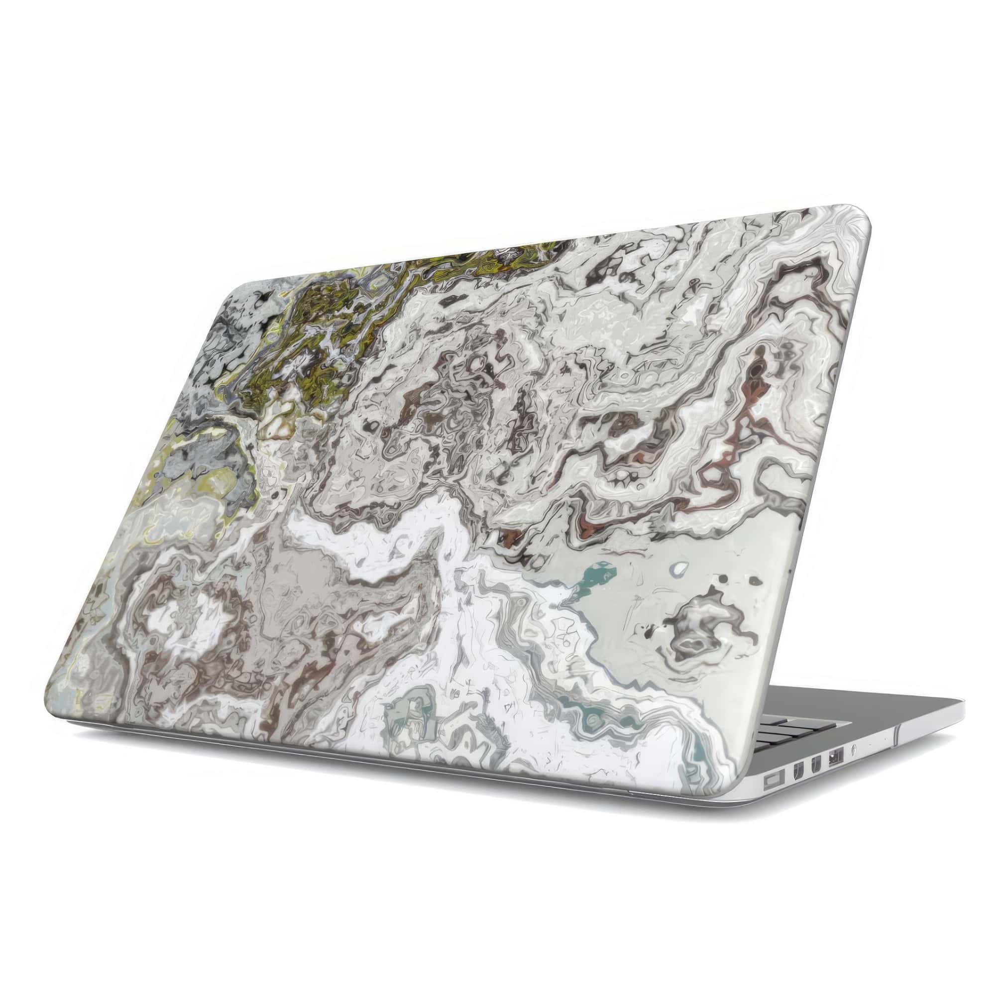 MacBook case side view; Classic White Marble pattern, artistic, abstract marble pattern. White and grey color combination. Bold expressive aesthetic design. Colorful and interior fit.