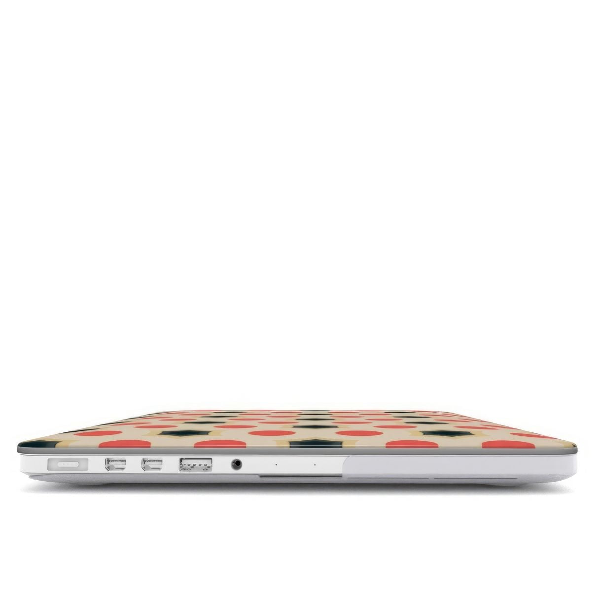 MacBook case closed view; Clown Add pattern, artistic, ornamental kaleidoscope pattern. Red and beige color combination. Bold expressive aesthetic design. Colorful and interior fit.