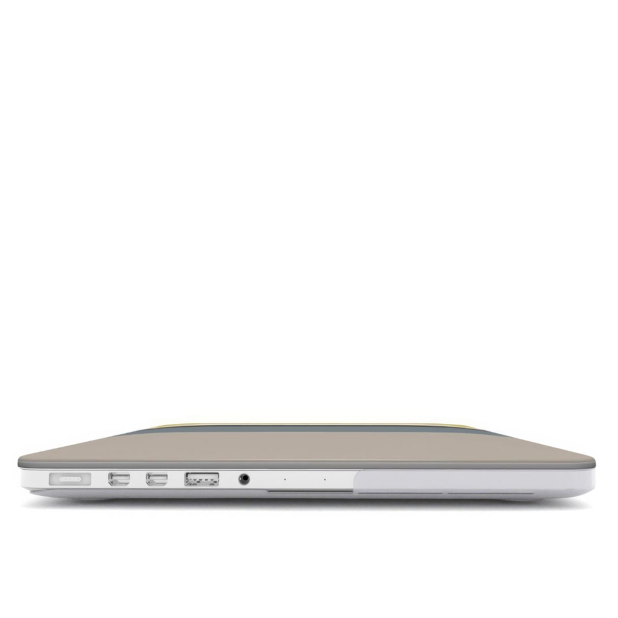 MacBook case Color Blocks Grey pattern design with a color blocks, featuring an elegant and expressive aesthetic design. Main colors are caramel, chocolate brown, yellow and gray. Closed view.