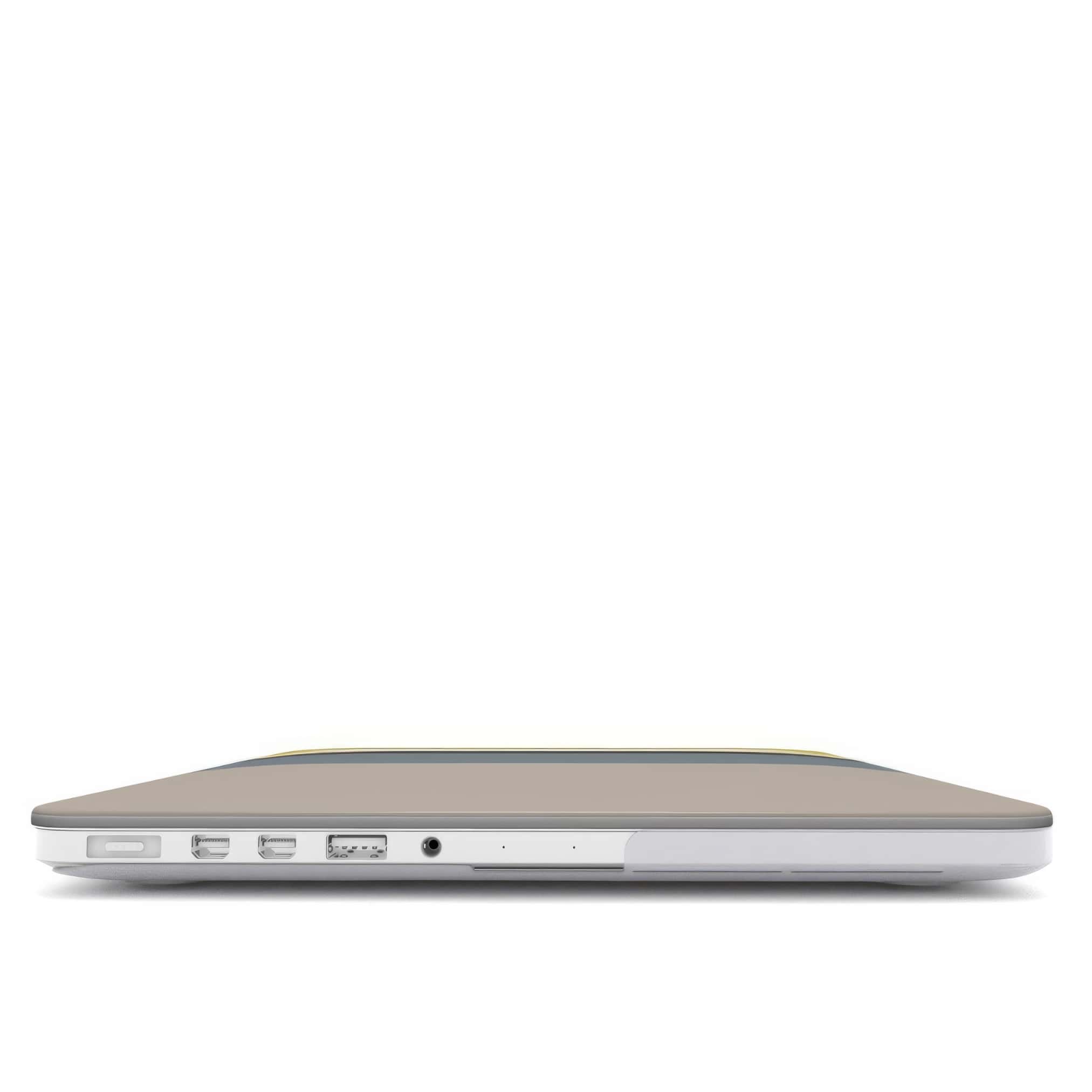 MacBook case Color Blocks Grey pattern design with a color blocks, featuring an elegant and expressive aesthetic design. Main colors are caramel, chocolate brown, yellow and gray. Closed view.