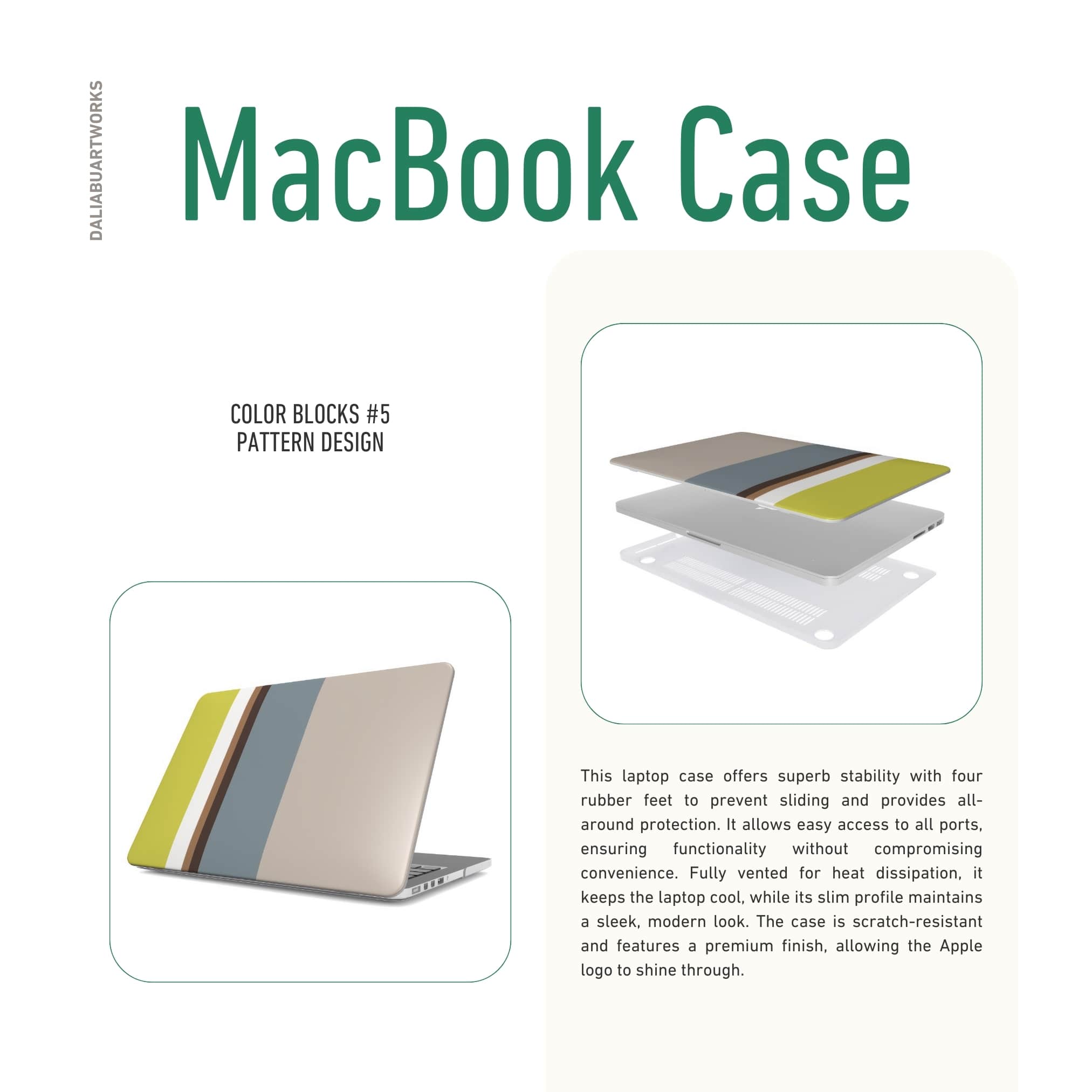MacBook case Color Blocks Grey pattern design with a color blocks, featuring an elegant and expressive aesthetic design. Main colors are caramel, chocolate brown, yellow and gray. Details about cover ventilation benefits.