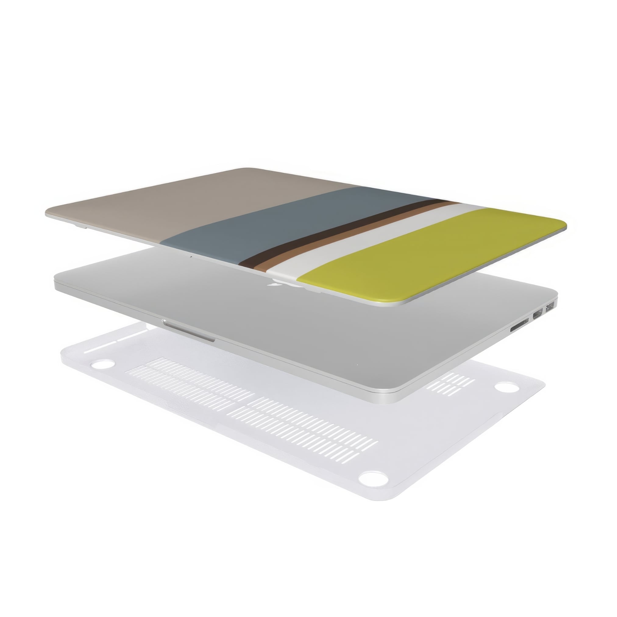 MacBook case Color Blocks Grey pattern design with a color blocks, featuring an elegant and expressive aesthetic design. Main colors are caramel, chocolate brown, yellow and gray. Extend view.