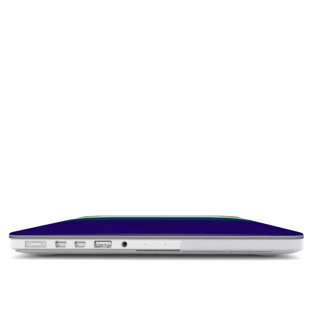 MacBook ultra thin case Color Blocks Navy pattern design with a color blocks, featuring an elegant and expressive aesthetic design. Main colors are khaki, navy blue, deep marine, light blue and pink. Closed view.