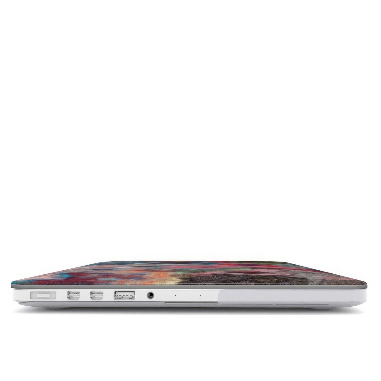 MacBook case with vivid color pattern Color Fog abstract and artistic style, featuring an elegant and expressive aesthetic design. Main colors are red, deep blue and green. Closed view.