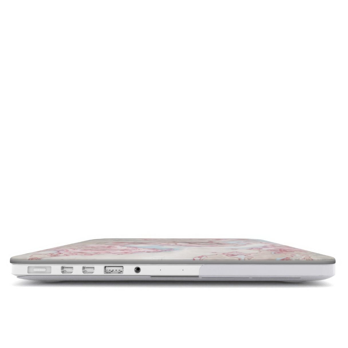MacBook case closed view; Divine Blue River pattern, artistic, abstract marble pattern. Light blue and pink color combination. Bold expressive aesthetic design. Colorful and interior fit. 