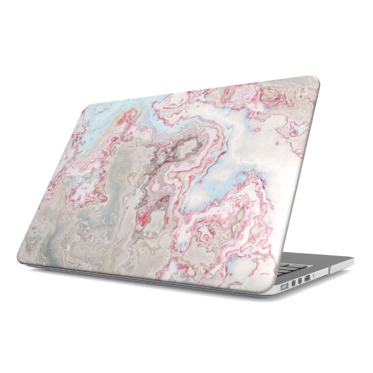 MacBook case side view; Divine Blue River pattern, artistic, abstract marble pattern. Light blue and pink color combination. Bold expressive aesthetic design. Colorful and interior fit. 