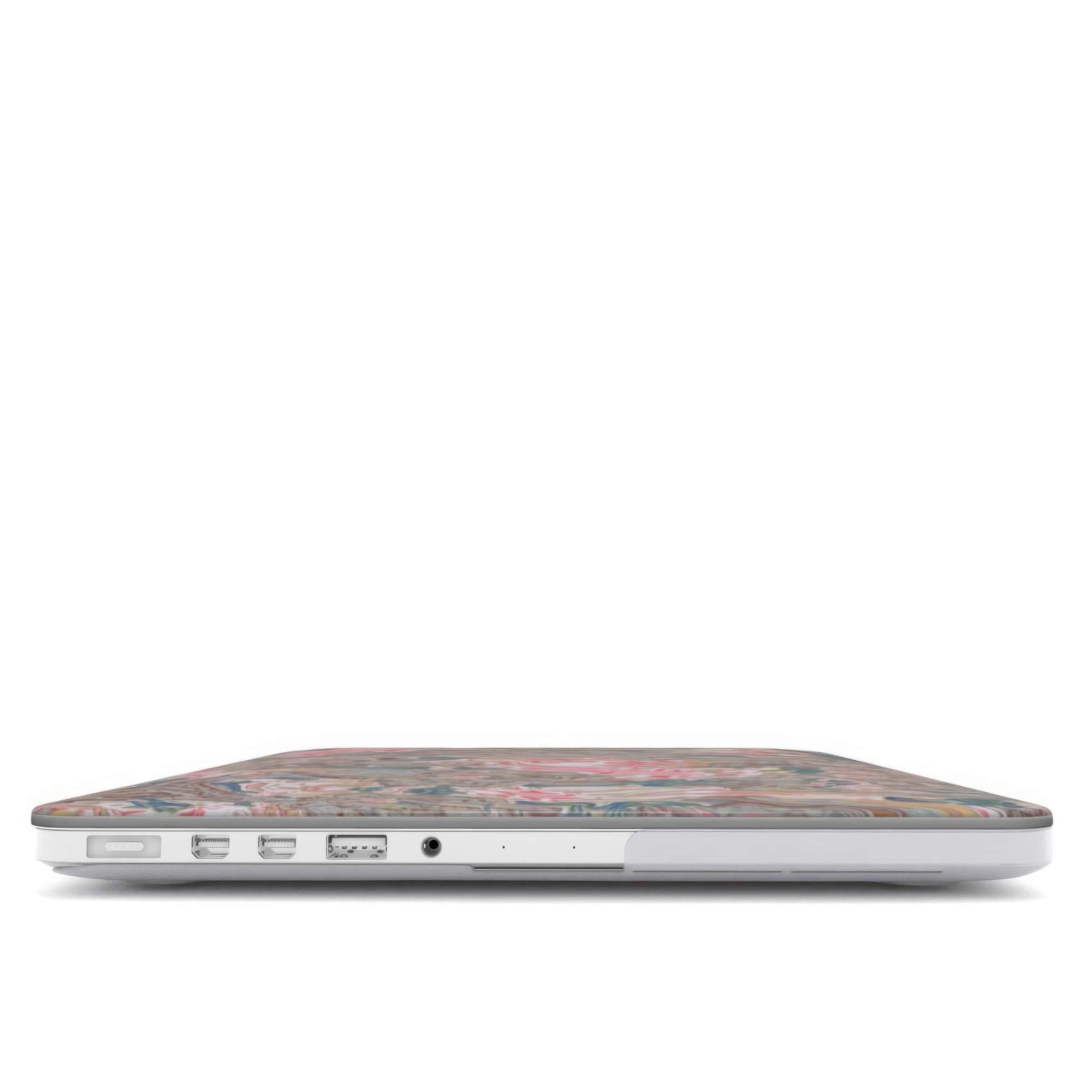 MacBook case closed view; Feel Impress pattern, artistic, abstract marble pattern. Pastel blue, green and red color combination. Inspired by impressionist art.
