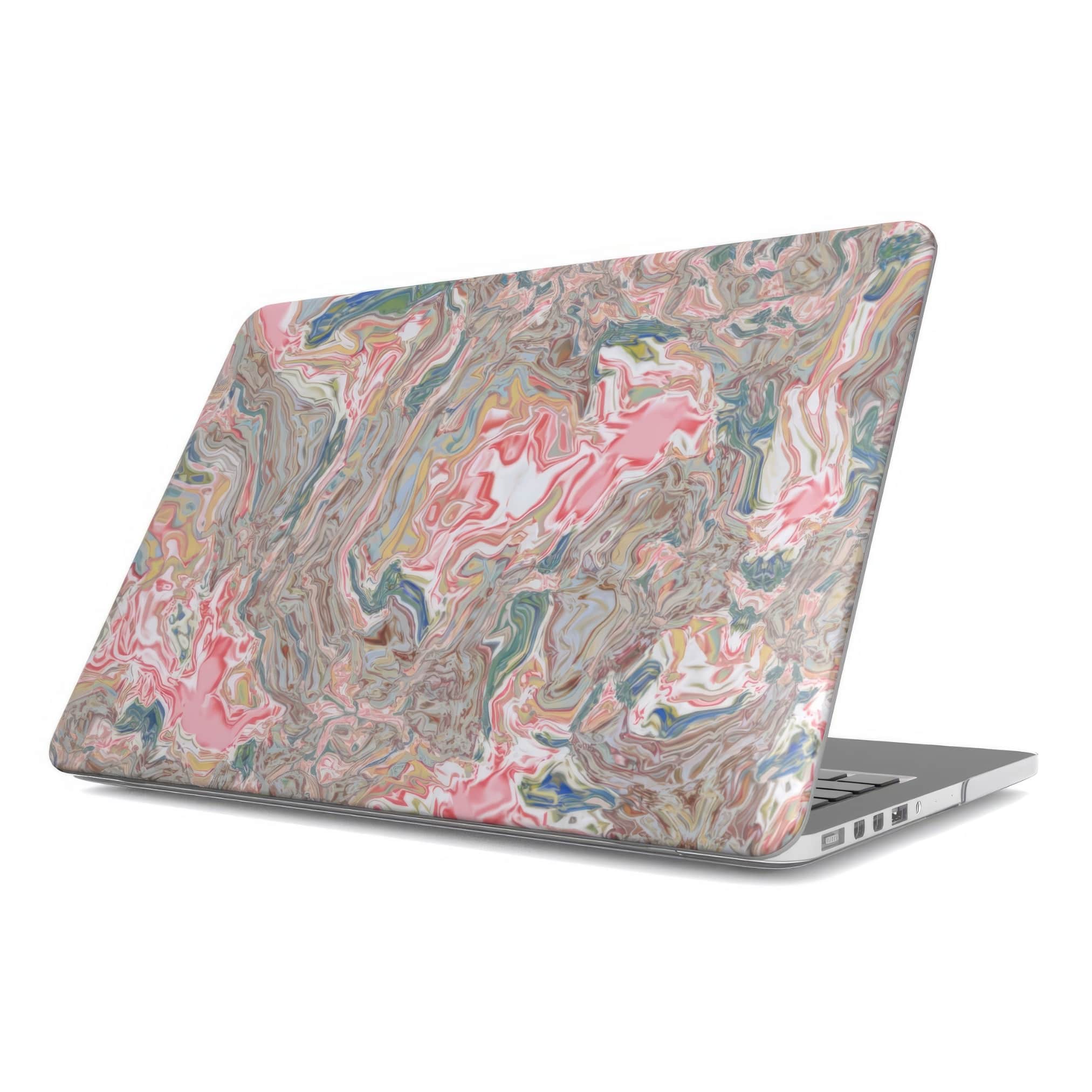 MacBook case front view; Feel Impress pattern, artistic, abstract marble pattern. Pastel blue, green and red color combination. Inspired by impressionist art. Bold expressive aesthetic design. Colorful and interior fit.