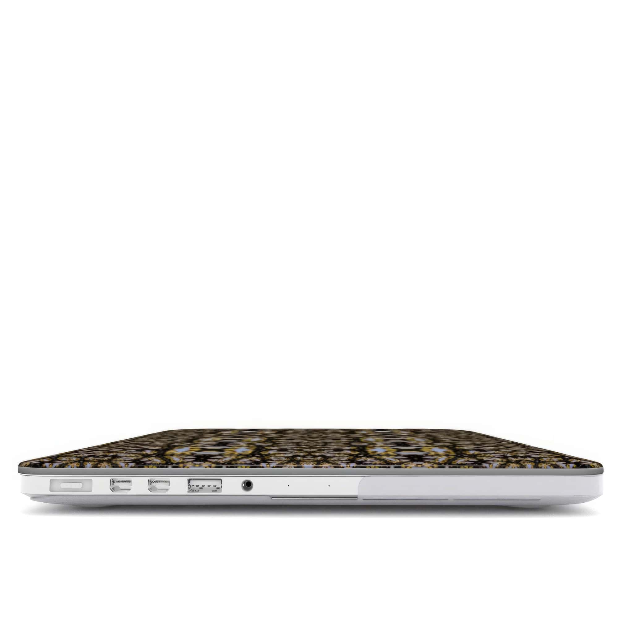 MacBook case Fleurs Du Jardin 1 pattern with geometric design, featuring an elegant and expressive aesthetic shape. Main colors are blue, yellow and dark purple. Closed view