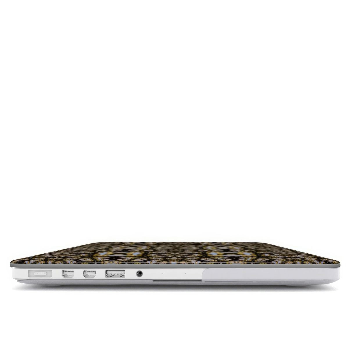 MacBook case Fleurs Du Jardin pattern with geometric design, featuring an elegant and expressive aesthetic shape. Main colors are blue, yellow and dark purple. Closed view.